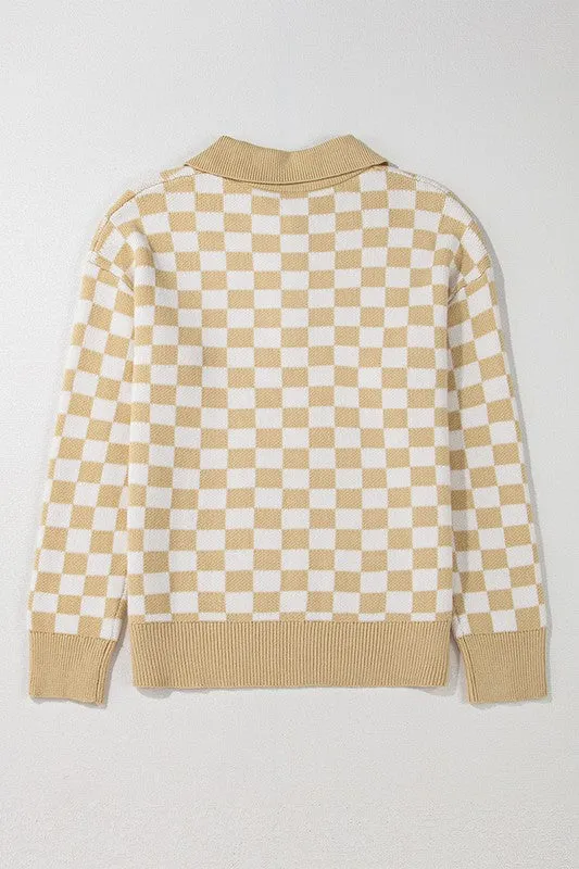 Checkered Buttons V Neck Drop Shoulder Sweater