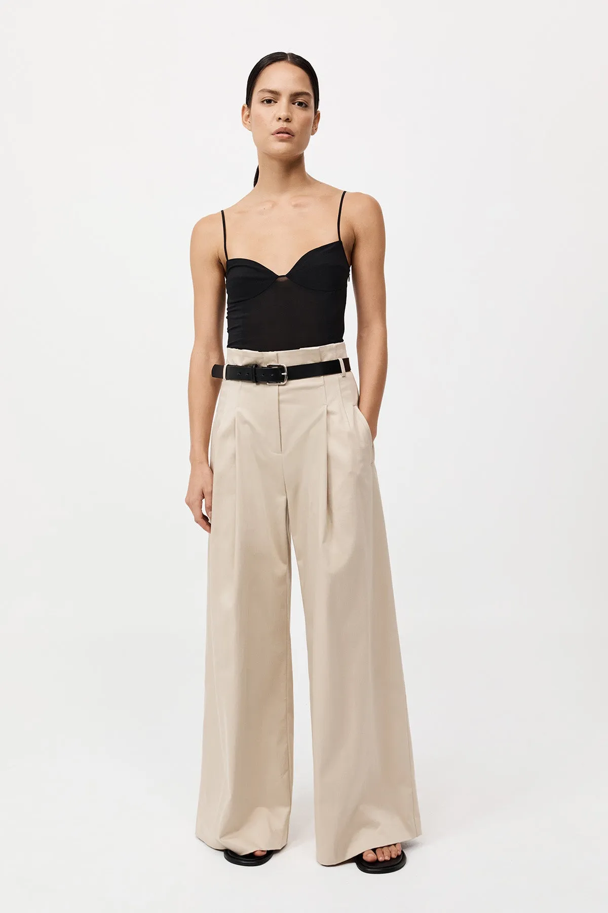 Cotton Paperbag Waist Trousers - Champagne