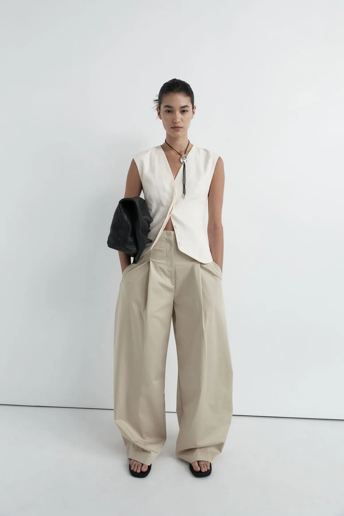 Cotton Paperbag Waist Trousers - Champagne