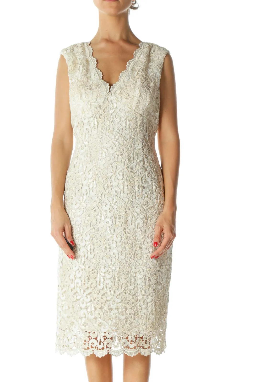 Cream Embroidered Metallic Dress