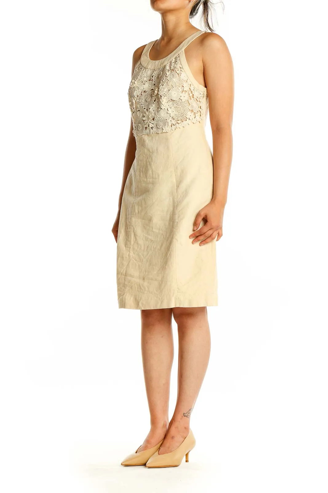 Cream Floral Lace Linen Blend Dress