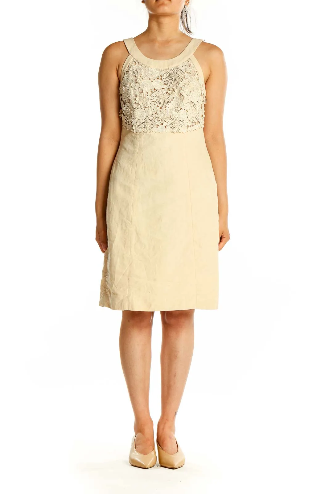 Cream Floral Lace Linen Blend Dress