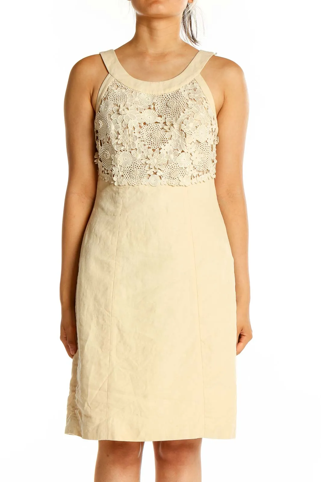 Cream Floral Lace Linen Blend Dress