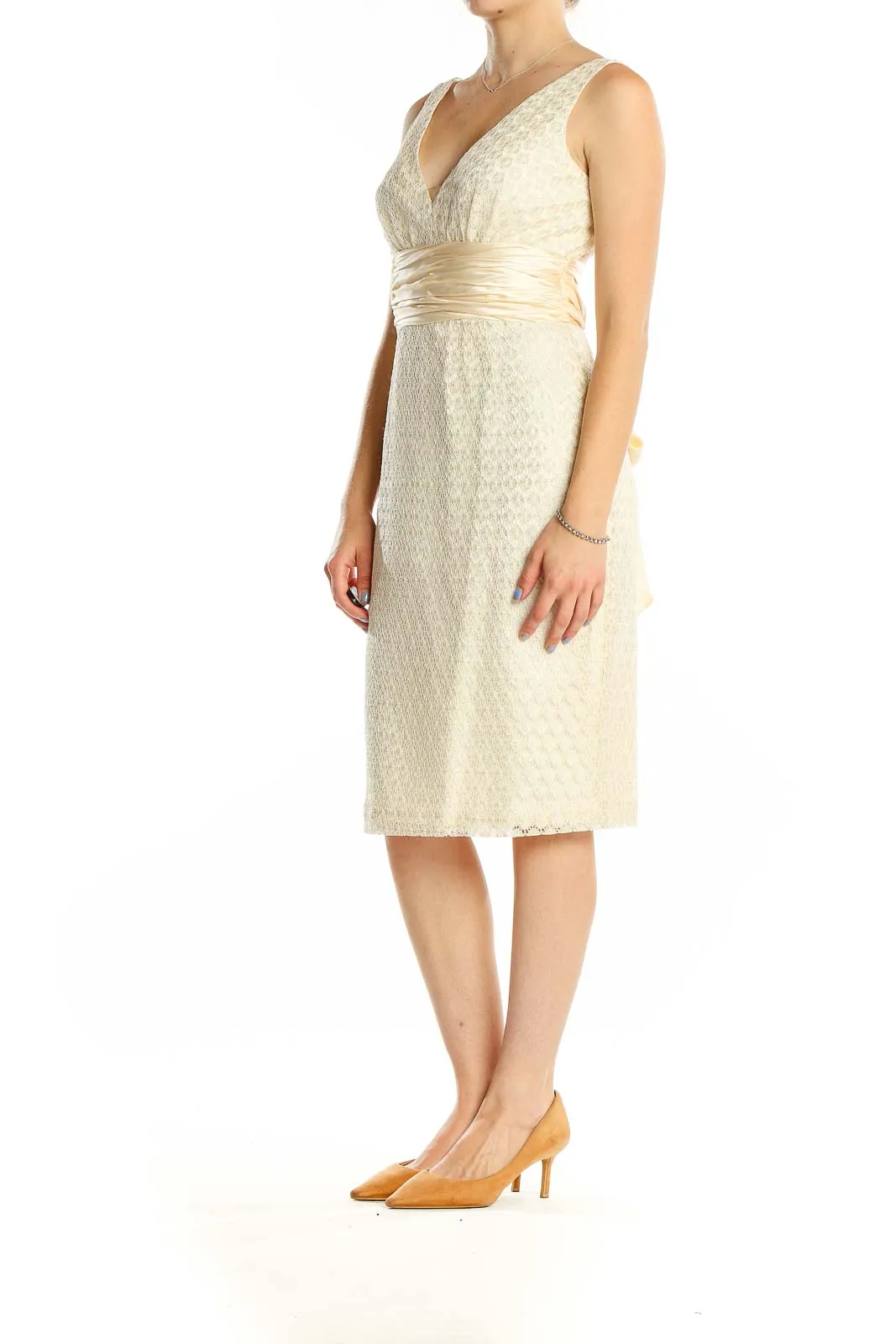 Cream Textured Cocktail Dress with Sash