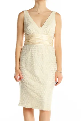 Cream Textured Cocktail Dress with Sash