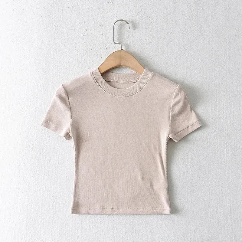 Crew Neck Ribbed Fitted Short Sleeve Tee