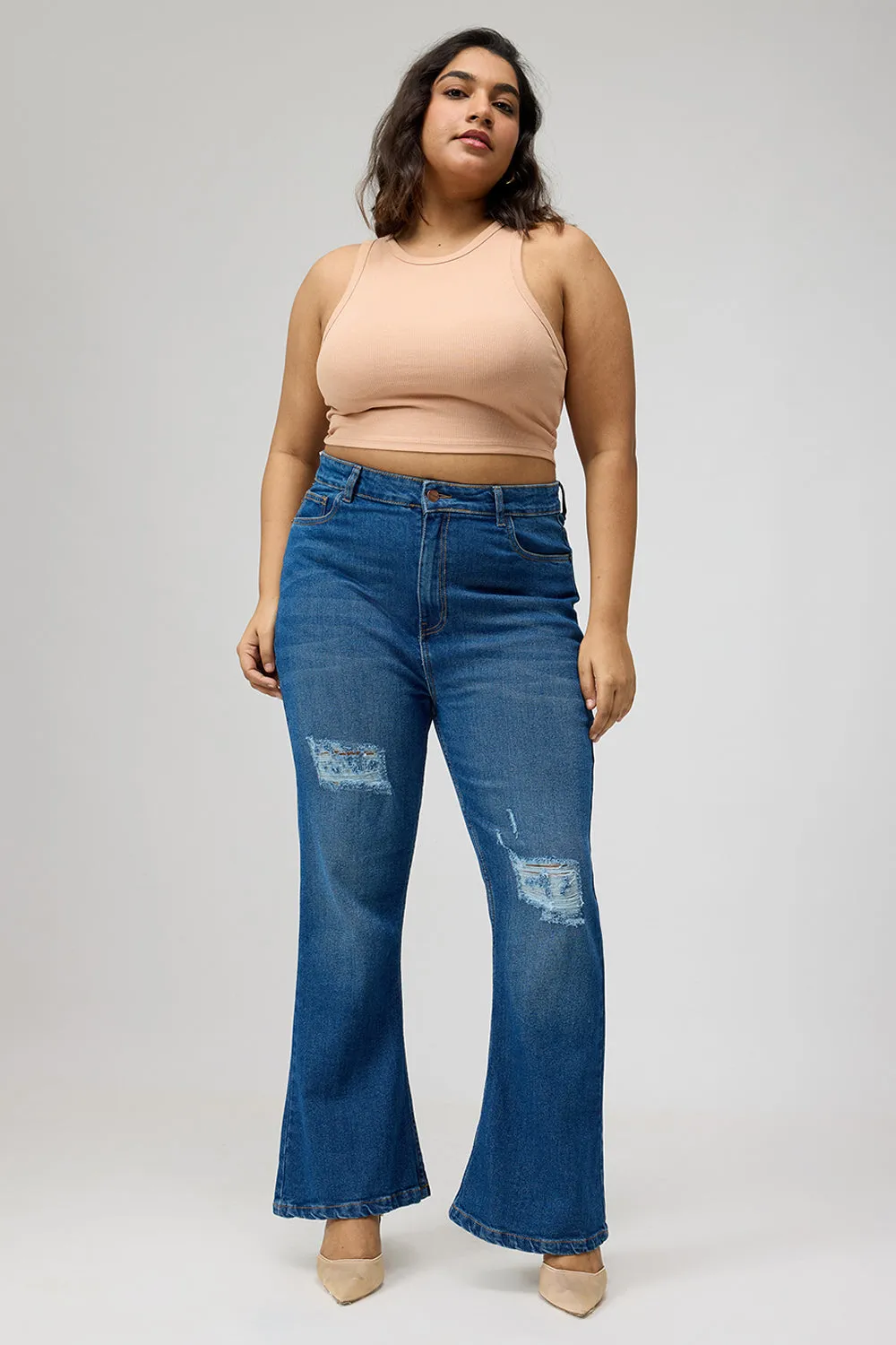 Curve Blue Distress Bootcut Denim Jeans