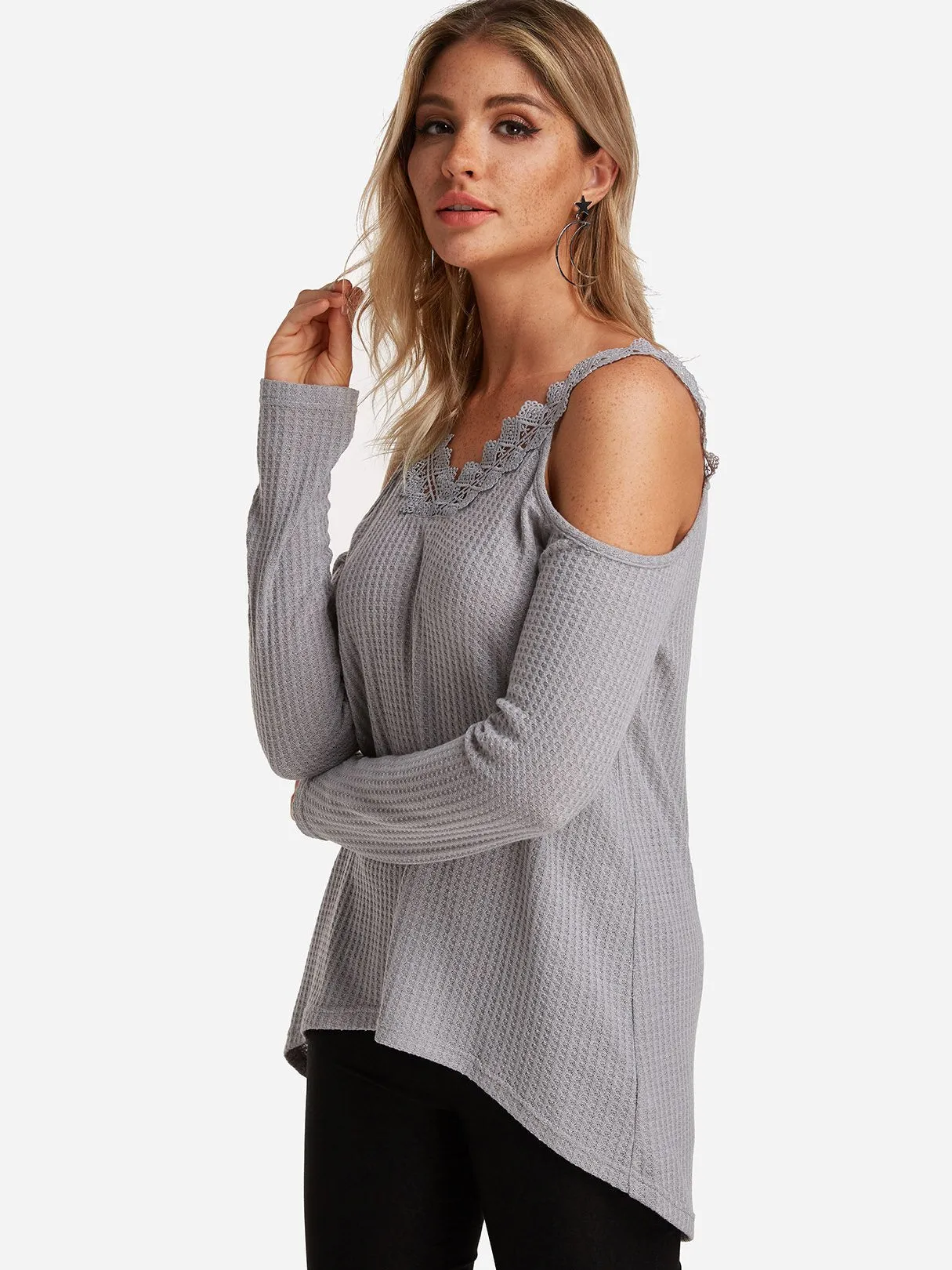 Custom Cold Shoulder Plain Lace Long Sleeve Grey T-Shirts