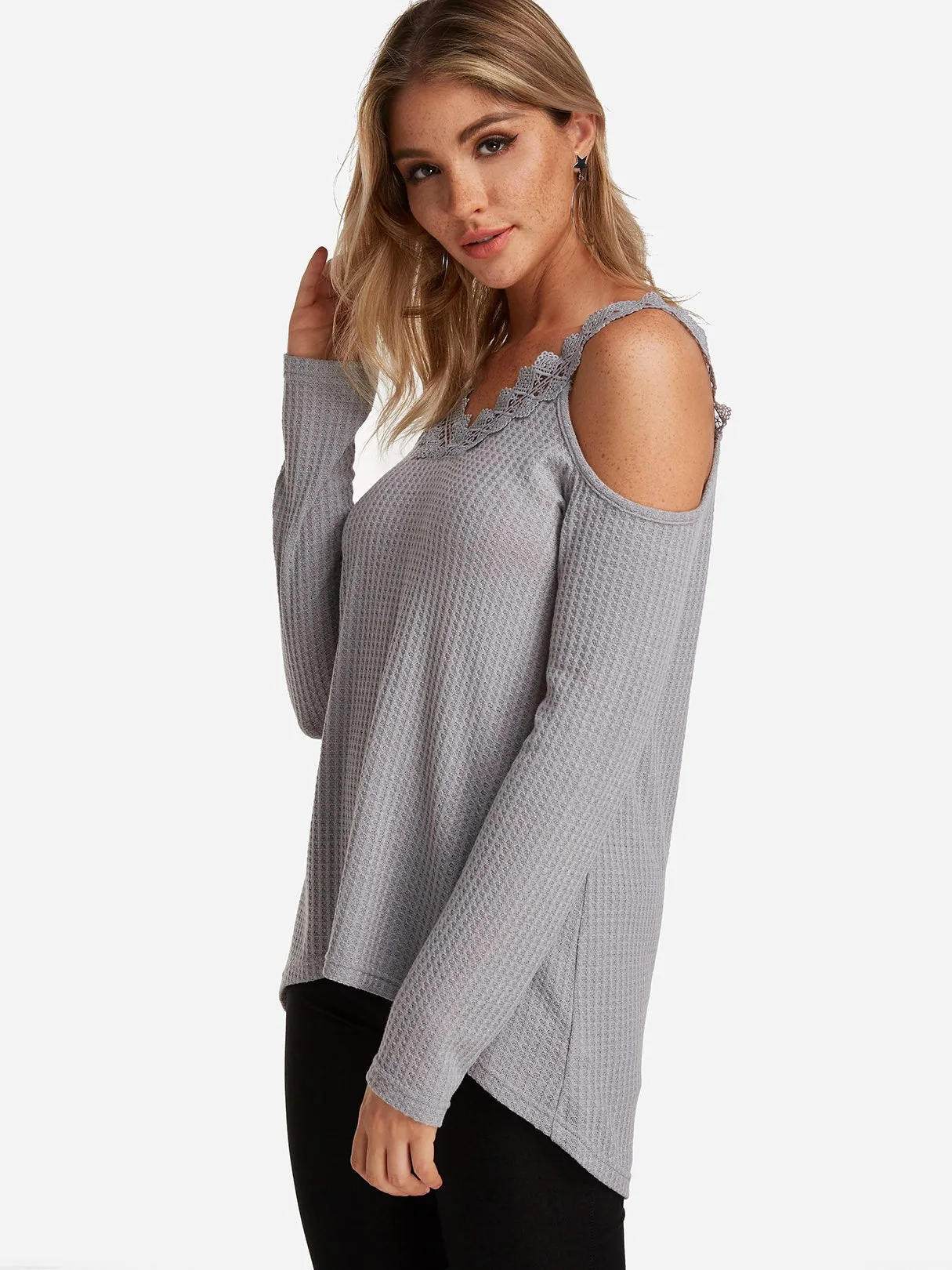 Custom Cold Shoulder Plain Lace Long Sleeve Grey T-Shirts