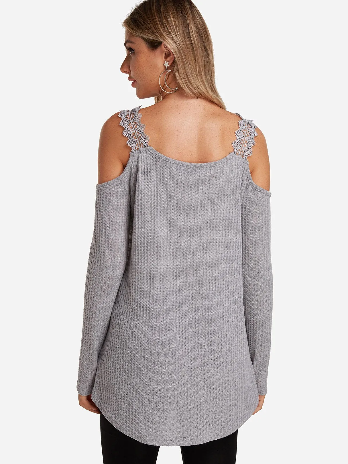 Custom Cold Shoulder Plain Lace Long Sleeve Grey T-Shirts