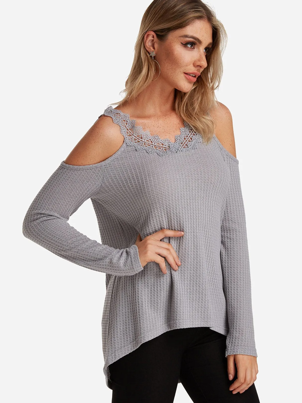 Custom Cold Shoulder Plain Lace Long Sleeve Grey T-Shirts