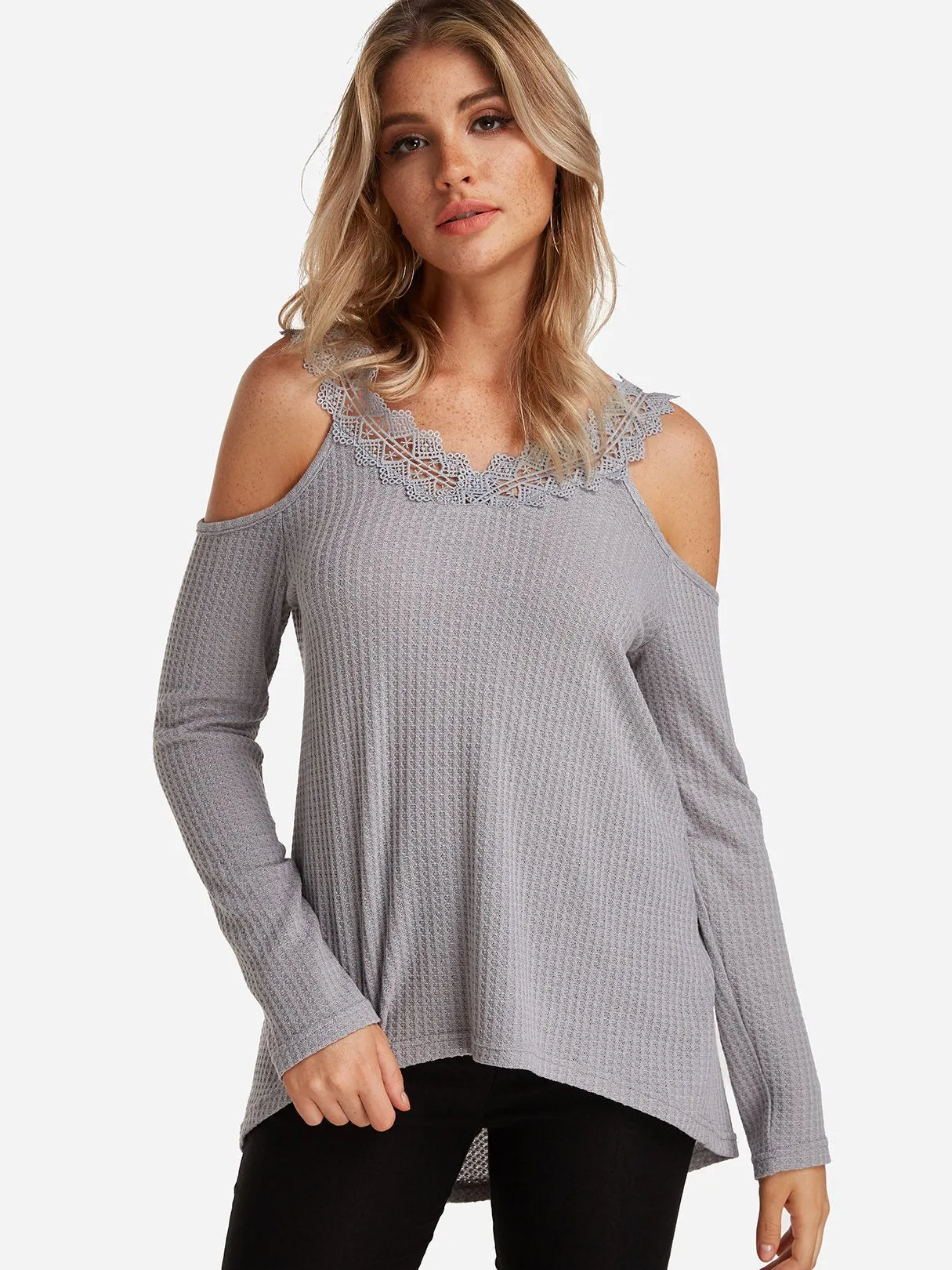 Custom Cold Shoulder Plain Lace Long Sleeve Grey T-Shirts