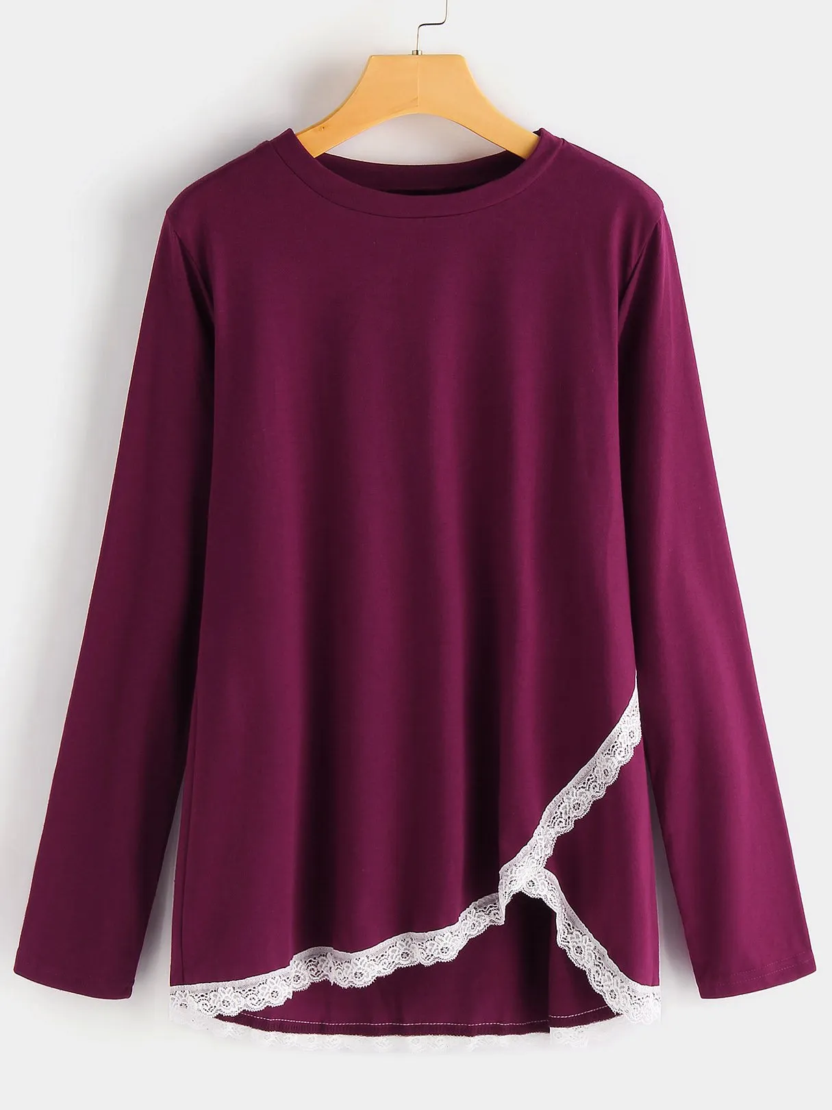 Custom Crew Neck Plain Lace Long Sleeve Burgundy T-Shirts