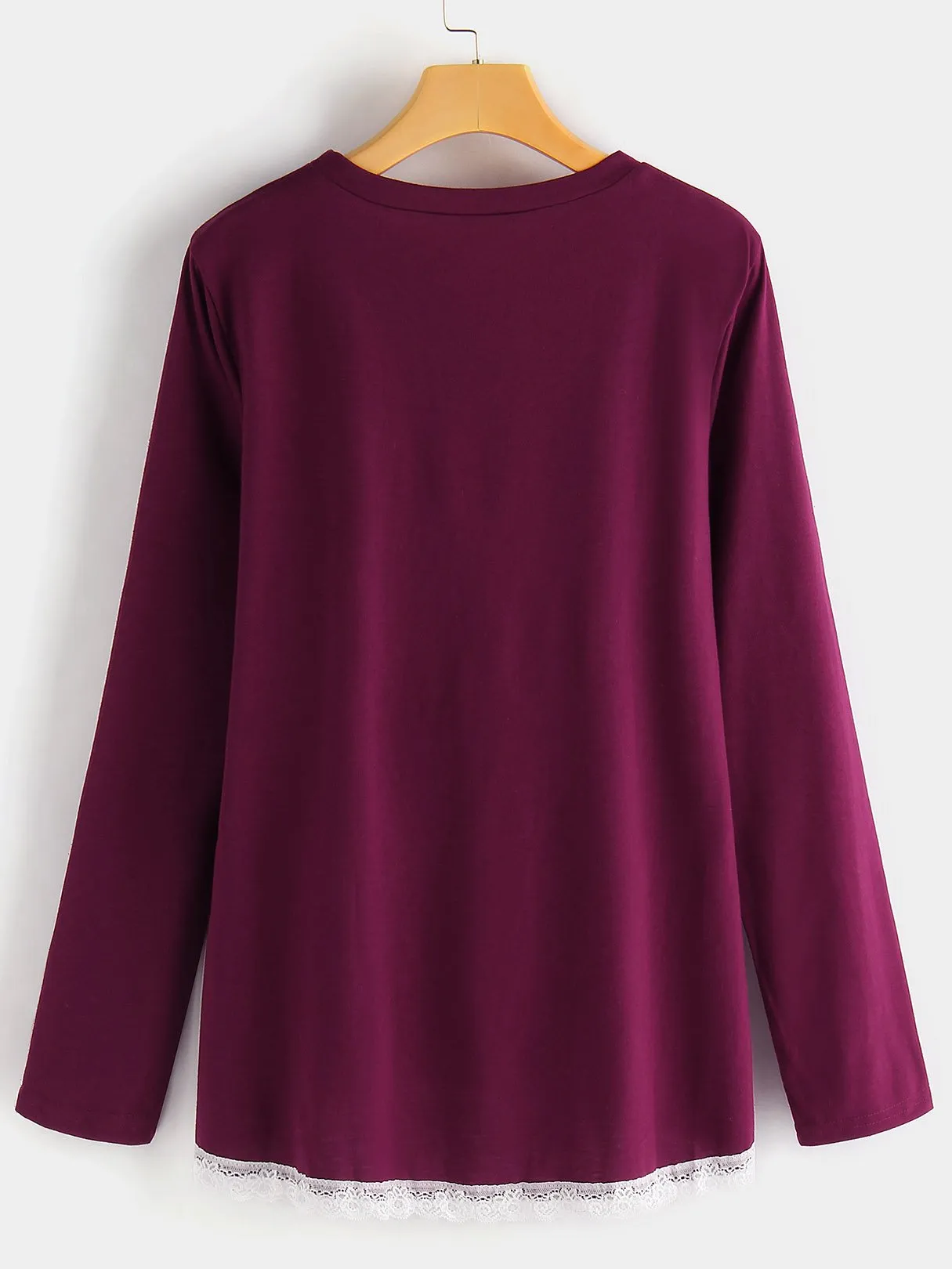 Custom Crew Neck Plain Lace Long Sleeve Burgundy T-Shirts