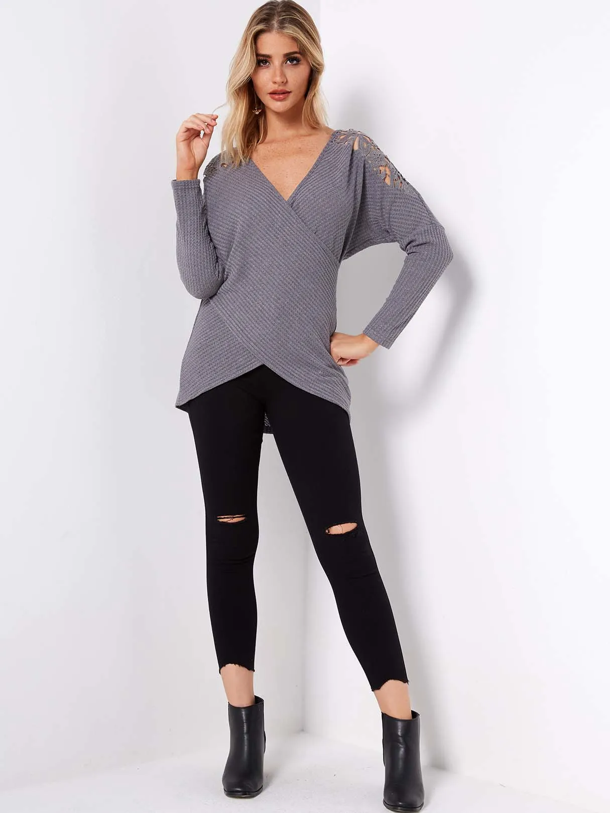 Custom Crossed Collar Plain Lace Crossed Front Long Sleeve Irregular Hem Grey T-Shirts