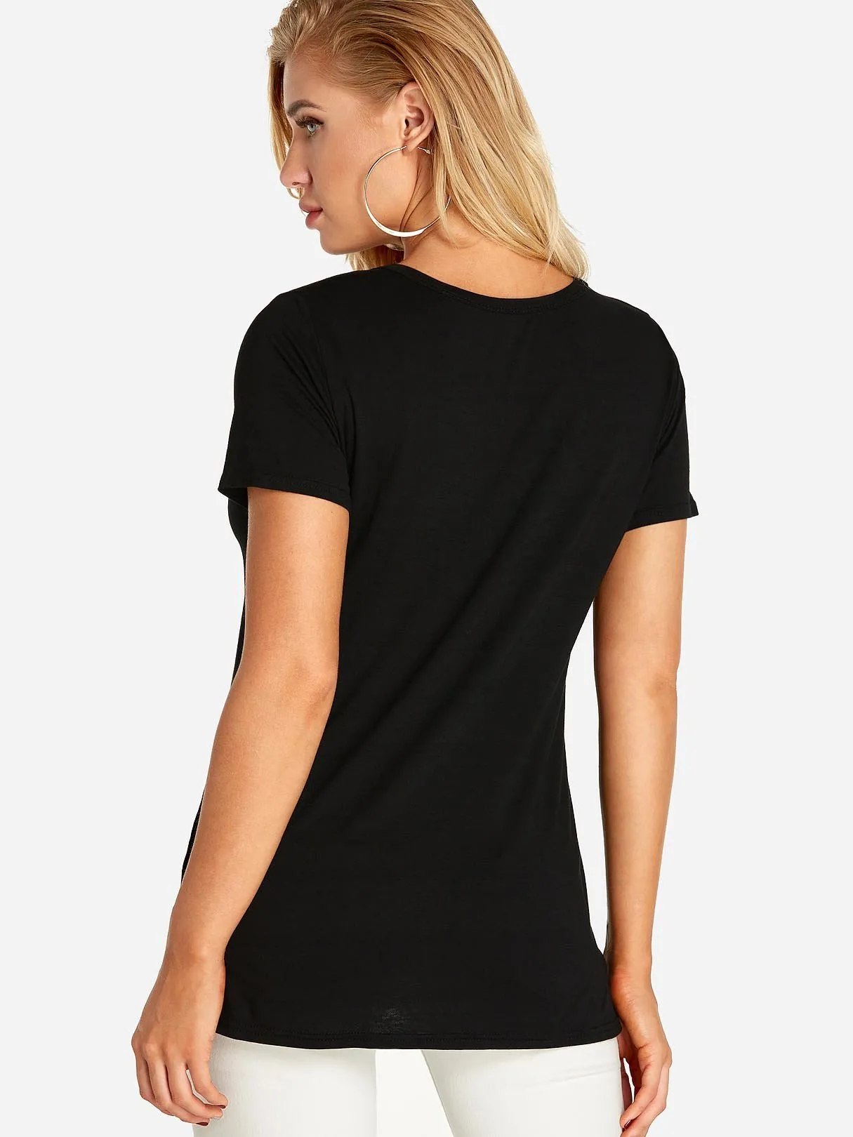 Custom Deep V Neck Plain Crossed Front Short Sleeve Black T-Shirts