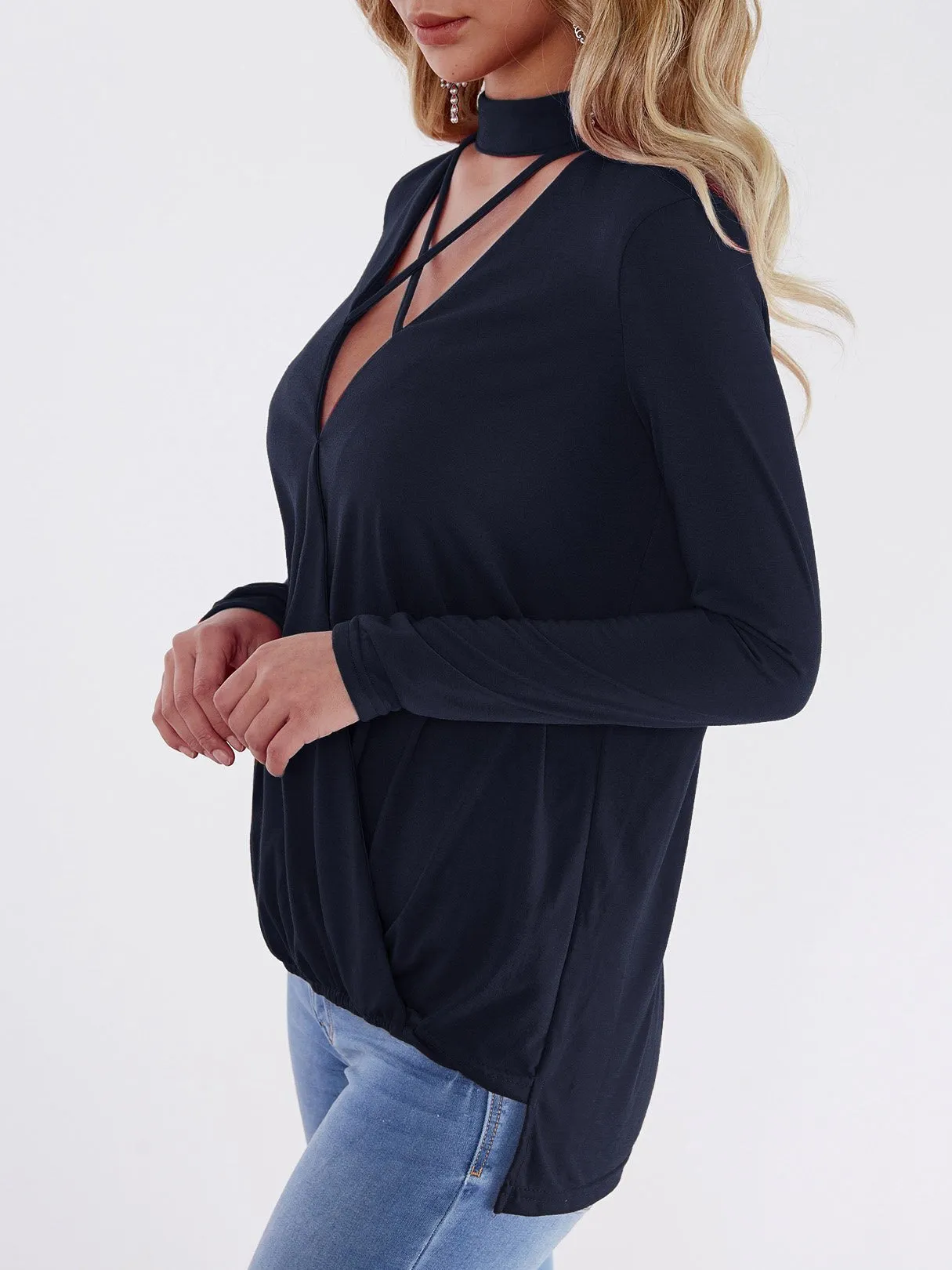 Custom Halter V-Neck Plain Crossed Front Lace-Up Long Sleeve Navy Top