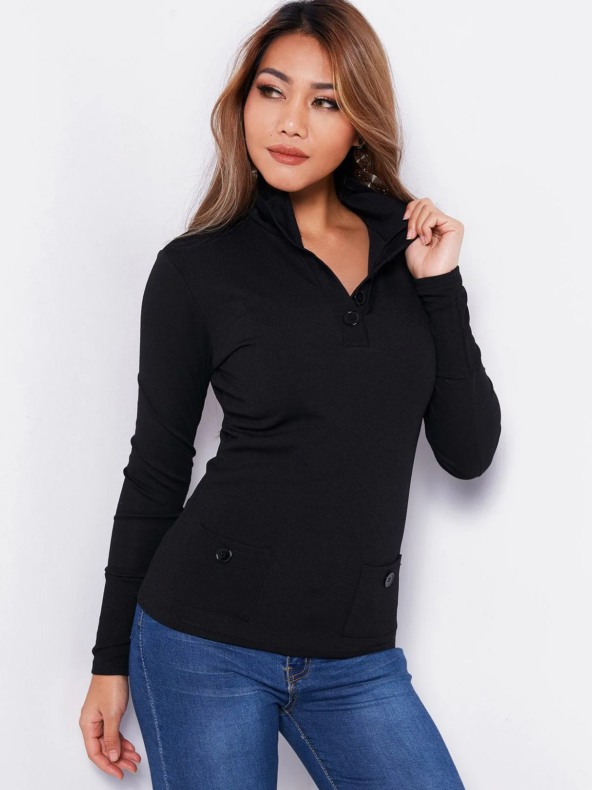 Custom Lapel Collar Plain Side Pockets Long Sleeve Black T-Shirts