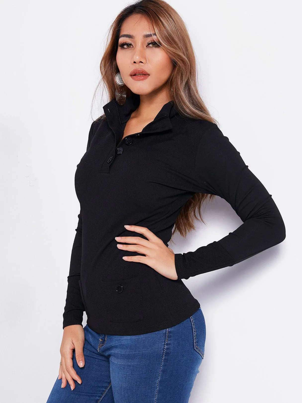 Custom Lapel Collar Plain Side Pockets Long Sleeve Black T-Shirts