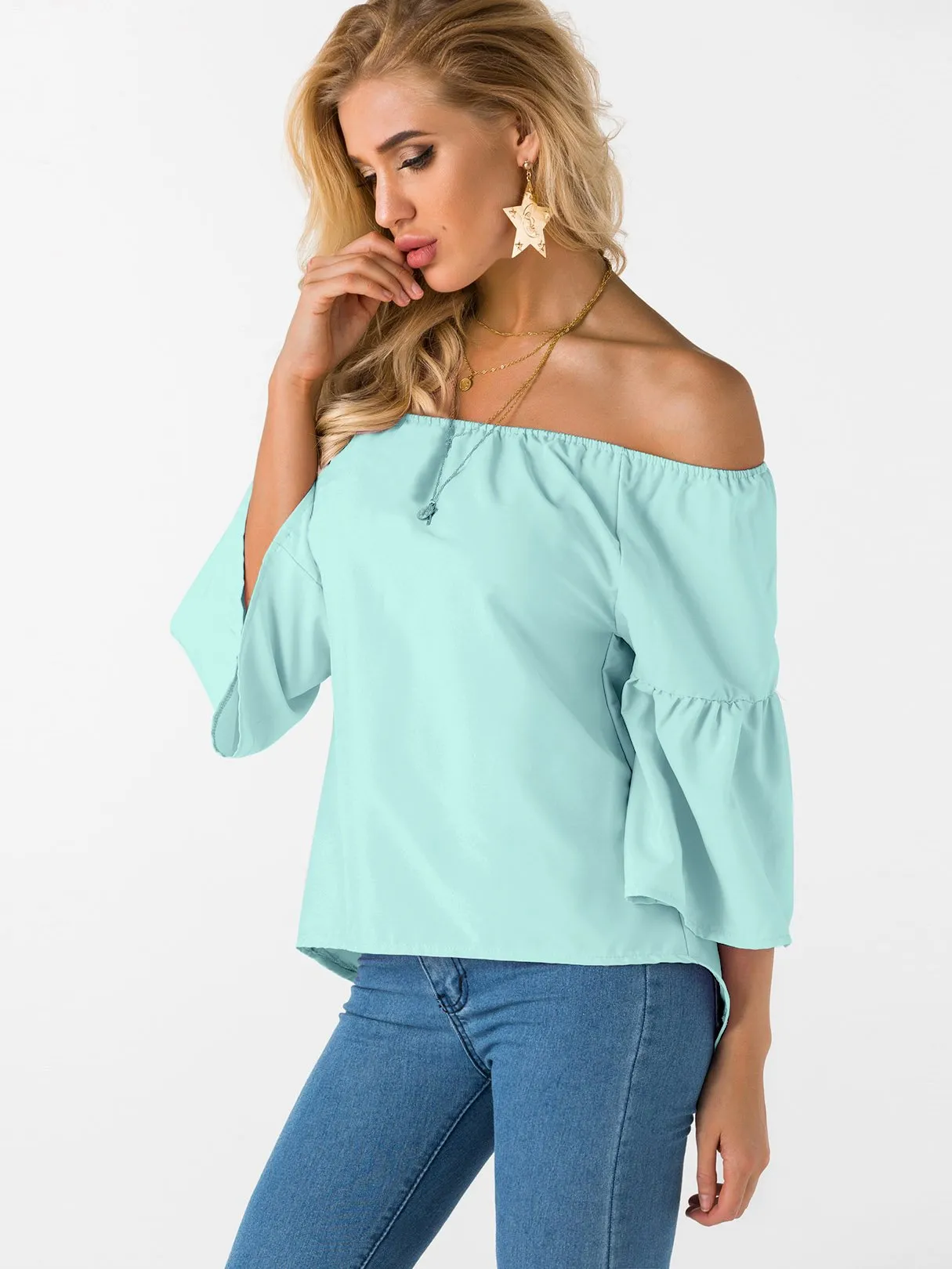 Custom Off The Shoulder Plain 3/4 Sleeve T-Shirts