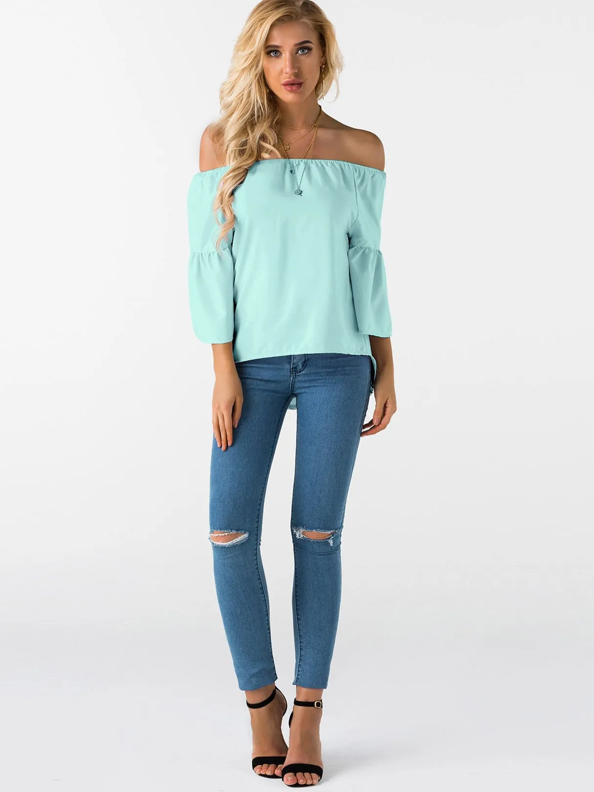 Custom Off The Shoulder Plain 3/4 Sleeve T-Shirts