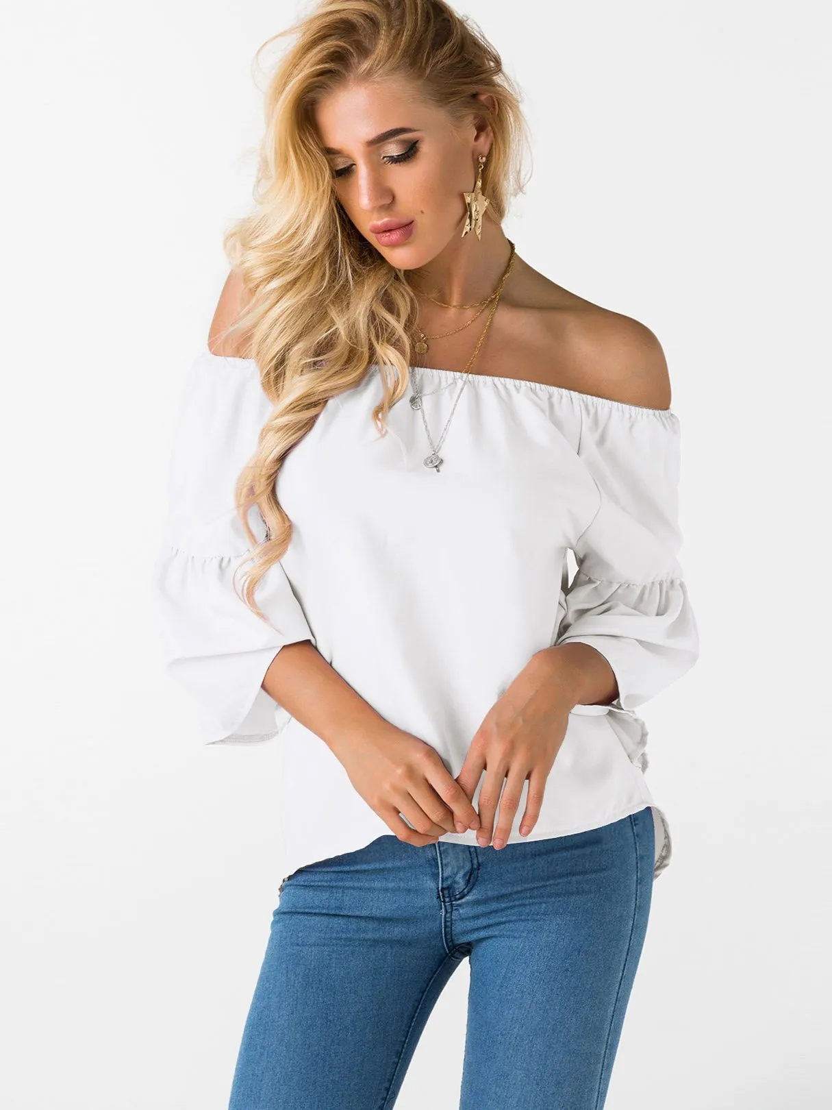 Custom Off The Shoulder Plain 3/4 Sleeve T-Shirts