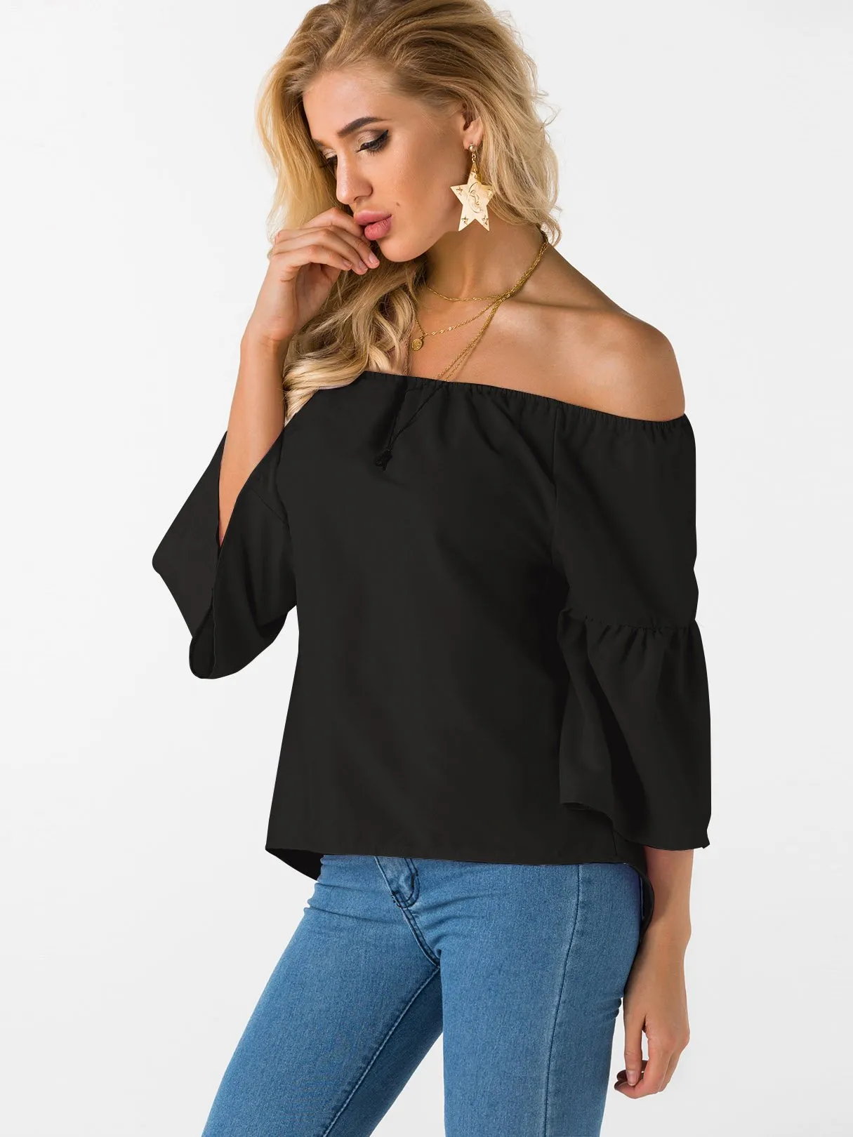 Custom Off The Shoulder Plain 3/4 Sleeve T-Shirts