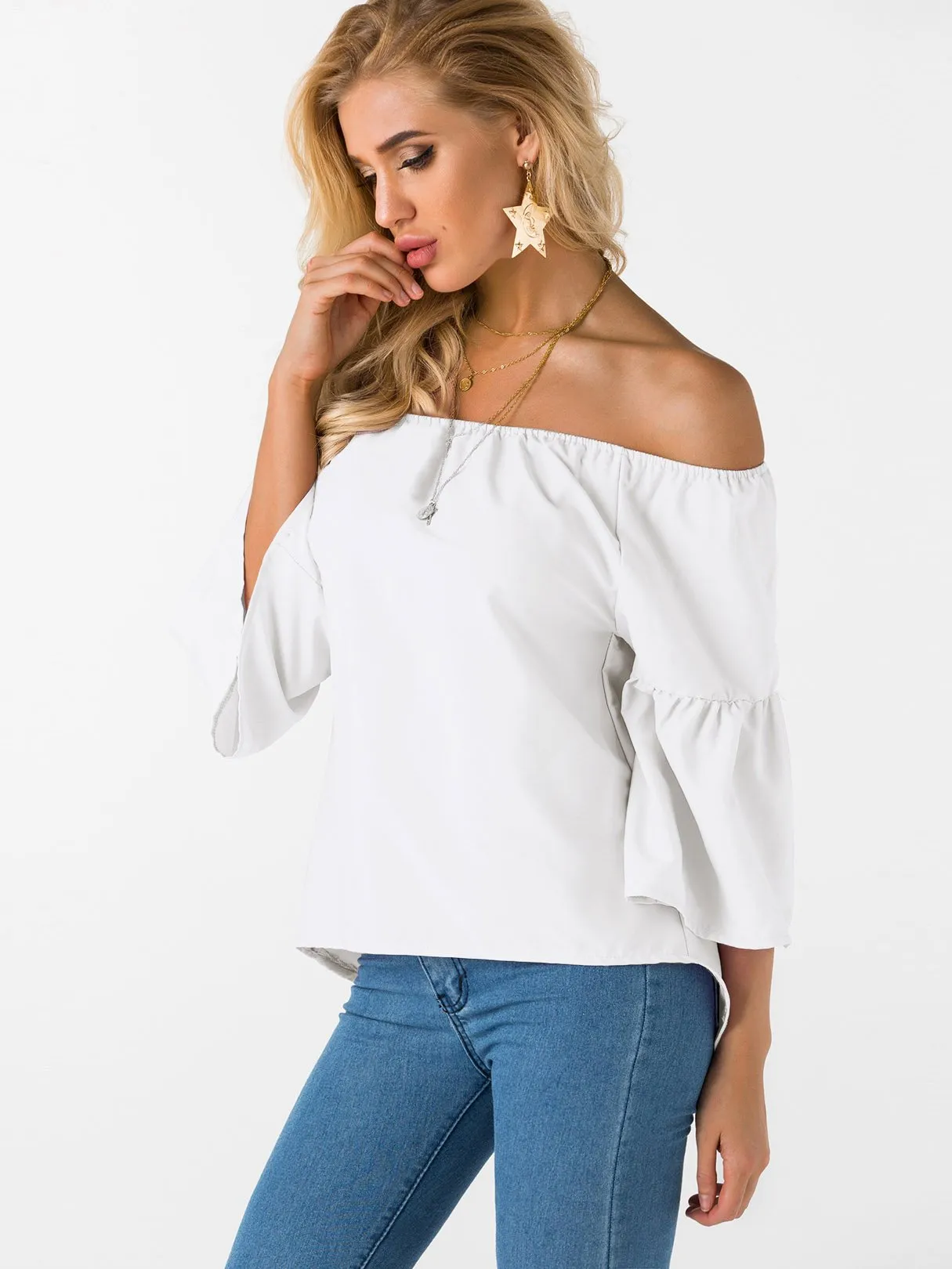 Custom Off The Shoulder Plain 3/4 Sleeve T-Shirts