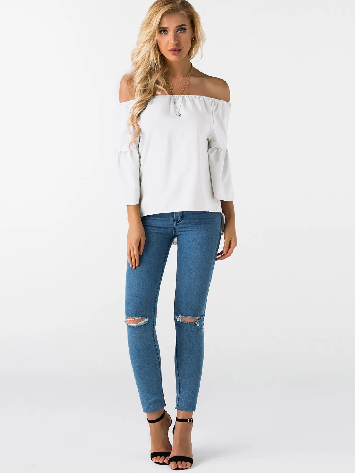 Custom Off The Shoulder Plain 3/4 Sleeve T-Shirts