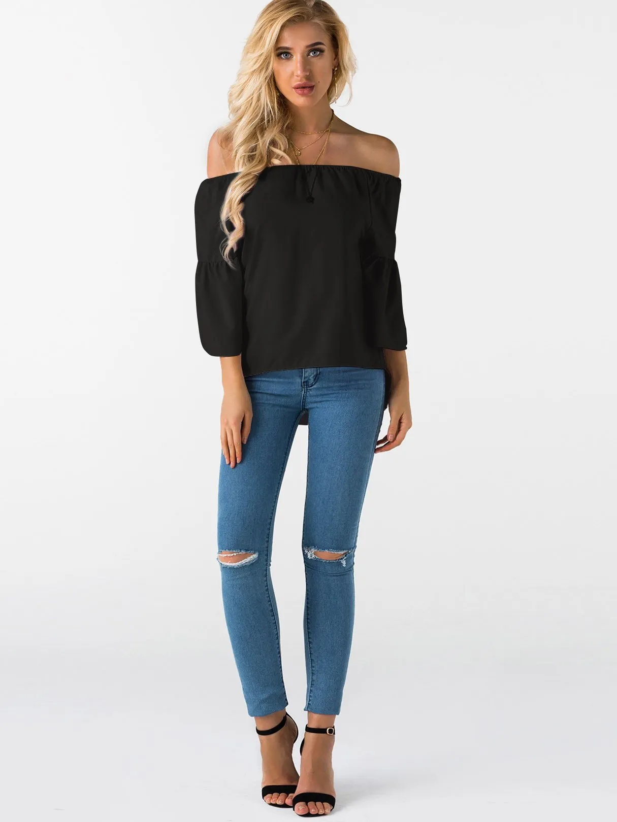 Custom Off The Shoulder Plain 3/4 Sleeve T-Shirts