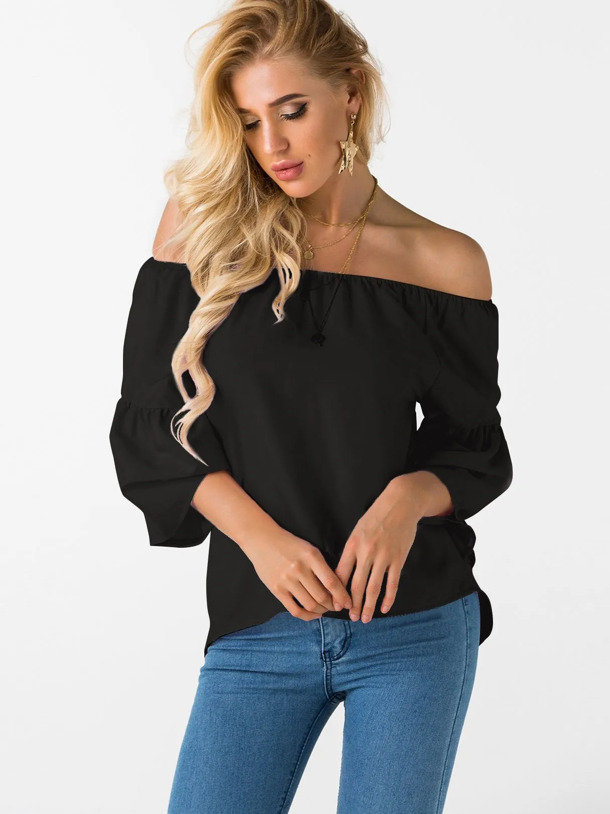 Custom Off The Shoulder Plain 3/4 Sleeve T-Shirts