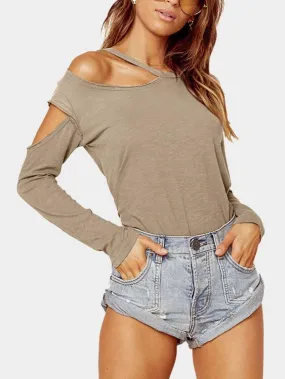 Custom One Shoulder Plain Cut Out Long Sleeve Apricot T-Shirts