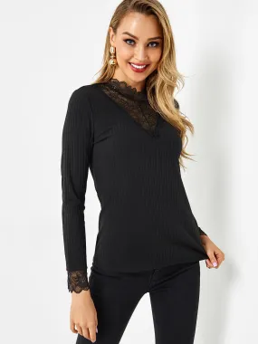 Custom Plain Lace Long Sleeve Black Top