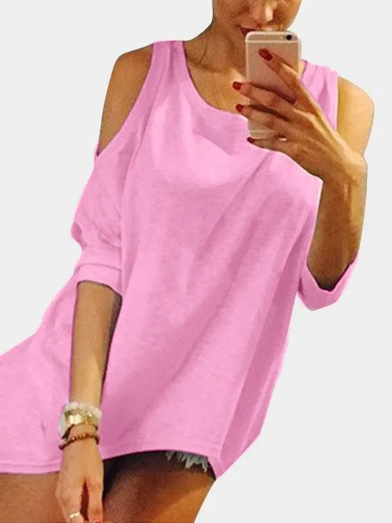 Custom Round Neck Cold Shoulder Plain Cut Out Half Sleeve Curved Hem T-Shirts