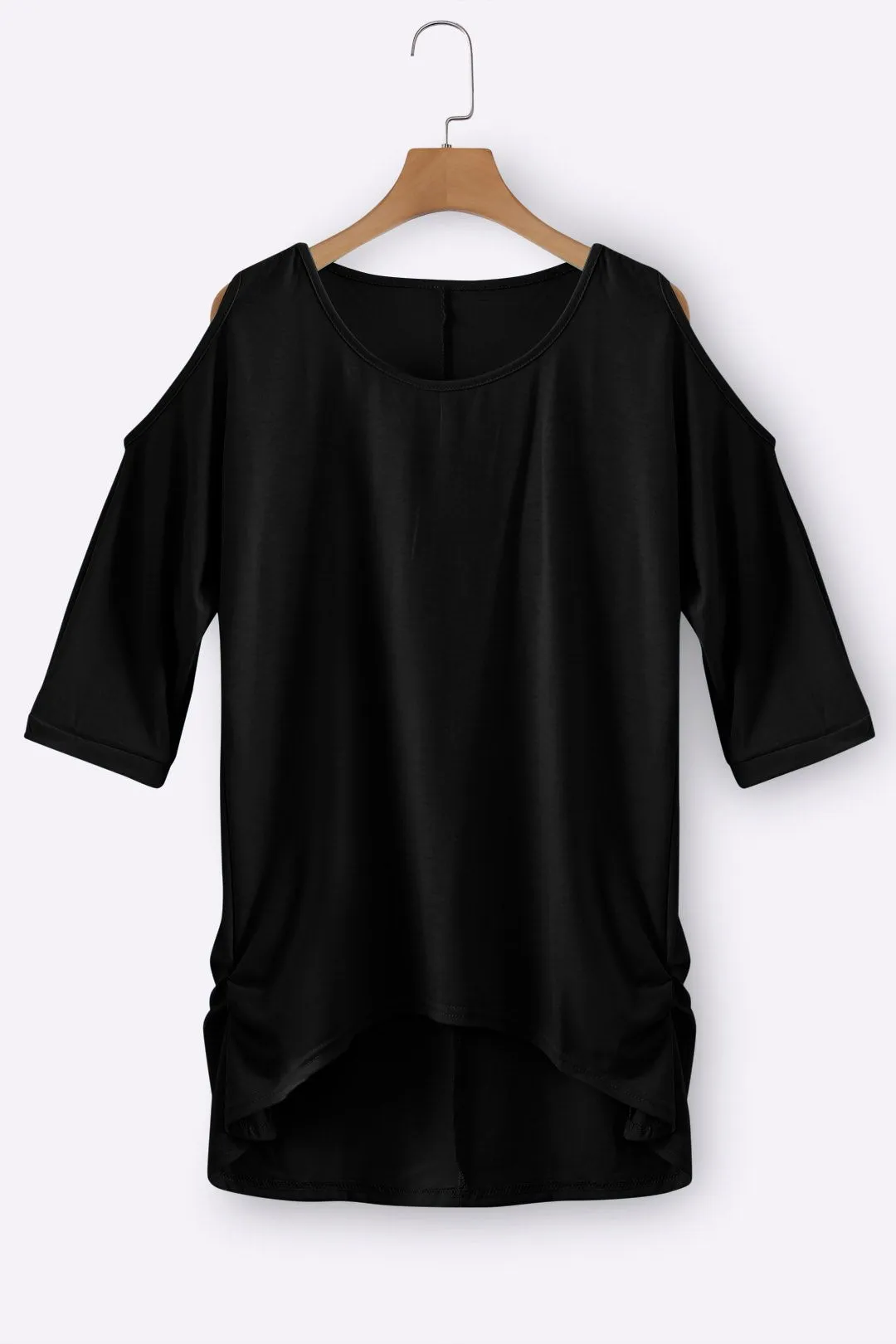 Custom Round Neck Cold Shoulder Plain Cut Out Half Sleeve Curved Hem T-Shirts