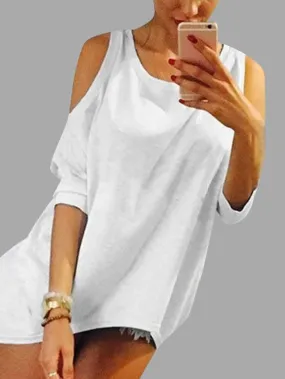 Custom Round Neck Cold Shoulder Plain Cut Out Half Sleeve Curved Hem T-Shirts