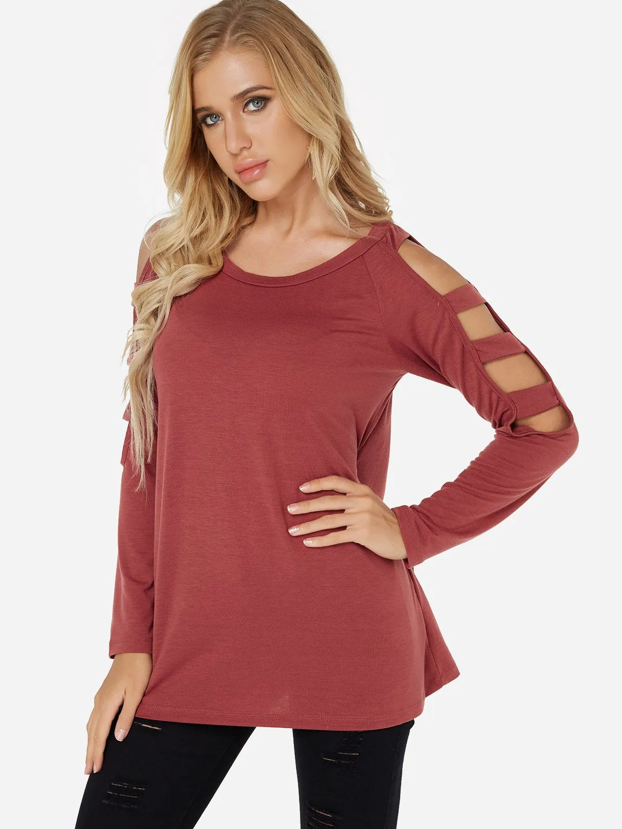 Custom Round Neck Cold Shoulder Plain Hollow Long Sleeve Red T-Shirts