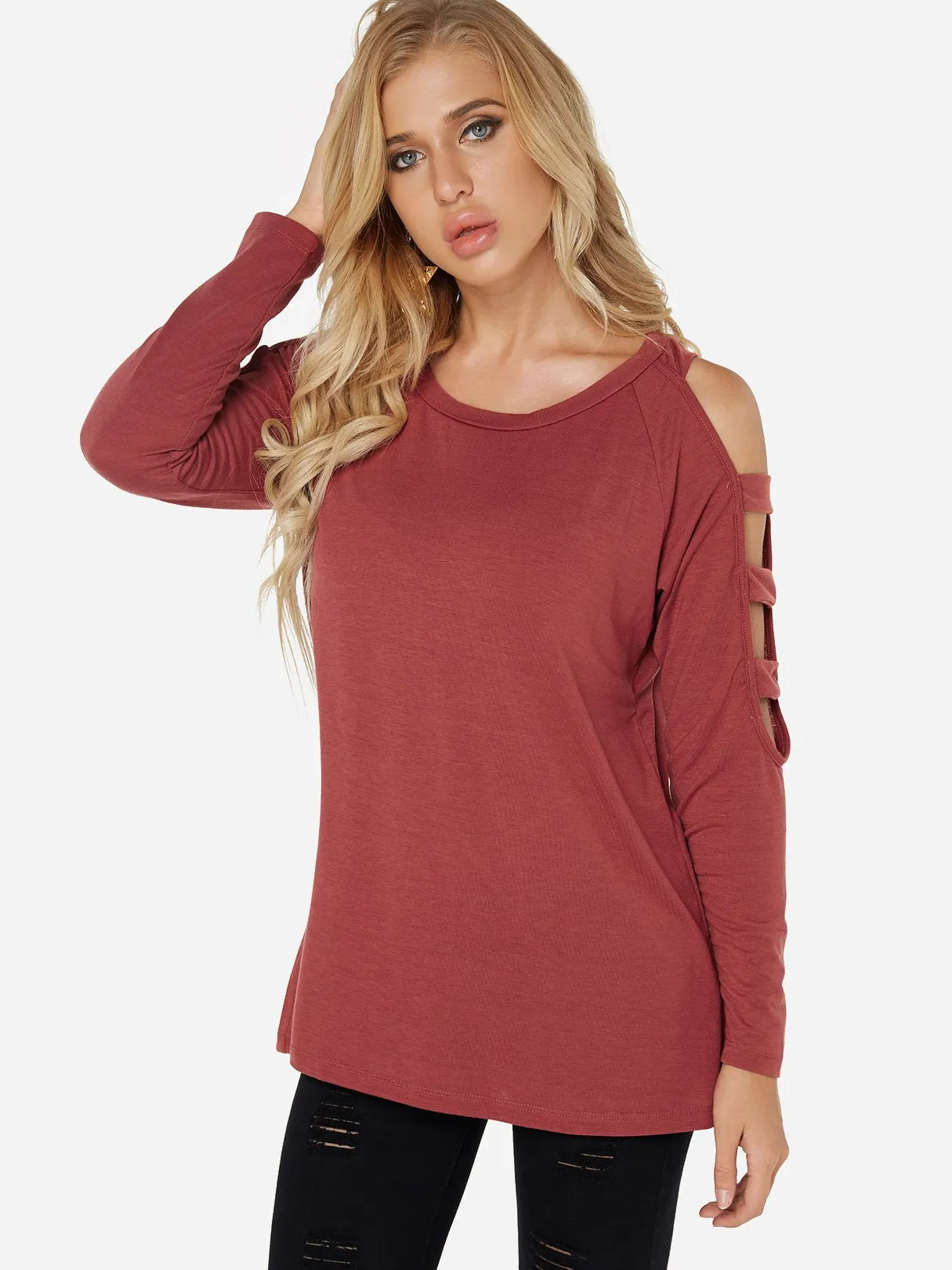 Custom Round Neck Cold Shoulder Plain Hollow Long Sleeve Red T-Shirts