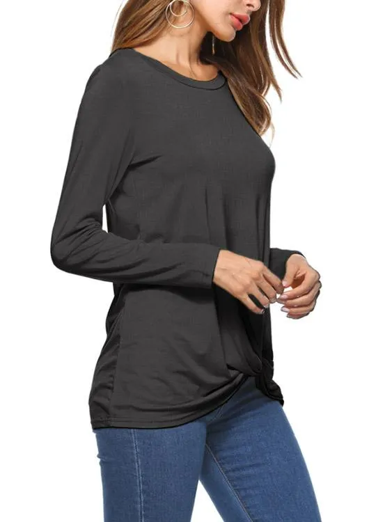 Custom Round Neck Plain Crossed Front Long Sleeve Irregular Hem T-Shirts