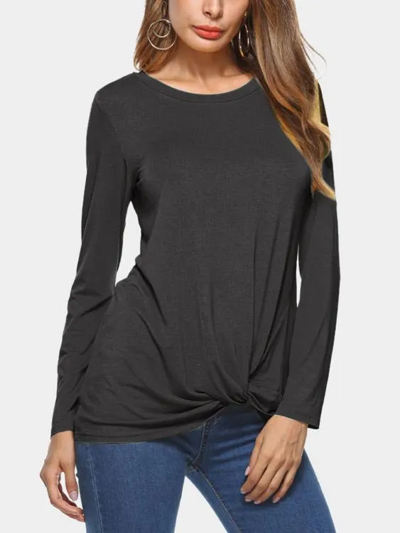 Custom Round Neck Plain Crossed Front Long Sleeve Irregular Hem T-Shirts