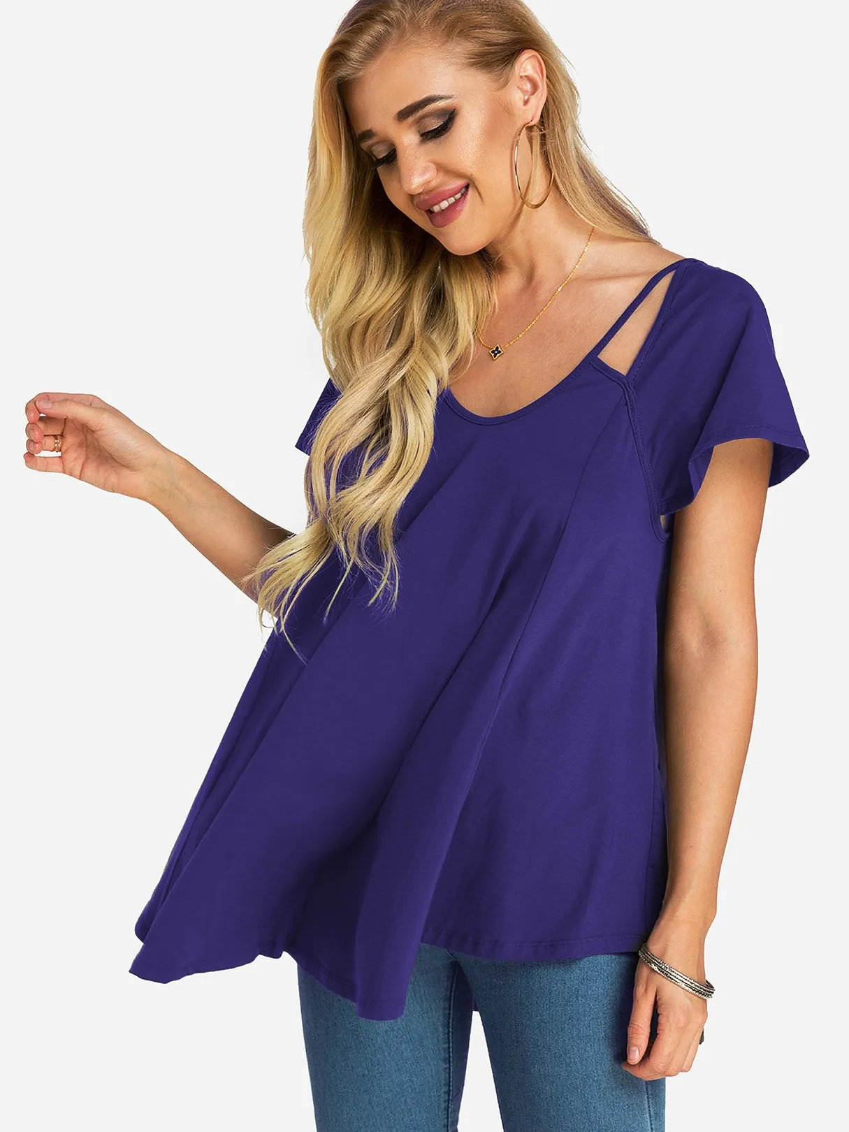 Custom Round Neck Plain Cut Out Short Sleeve Top