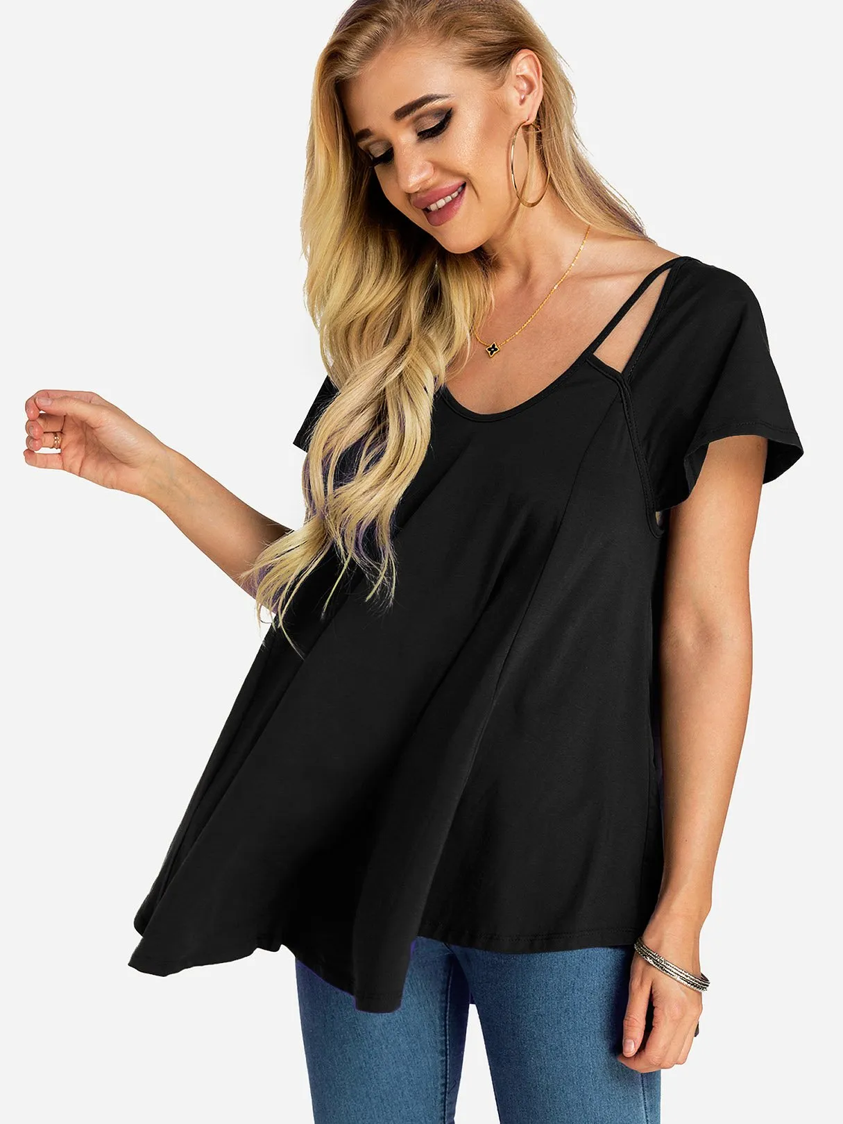 Custom Round Neck Plain Cut Out Short Sleeve Top