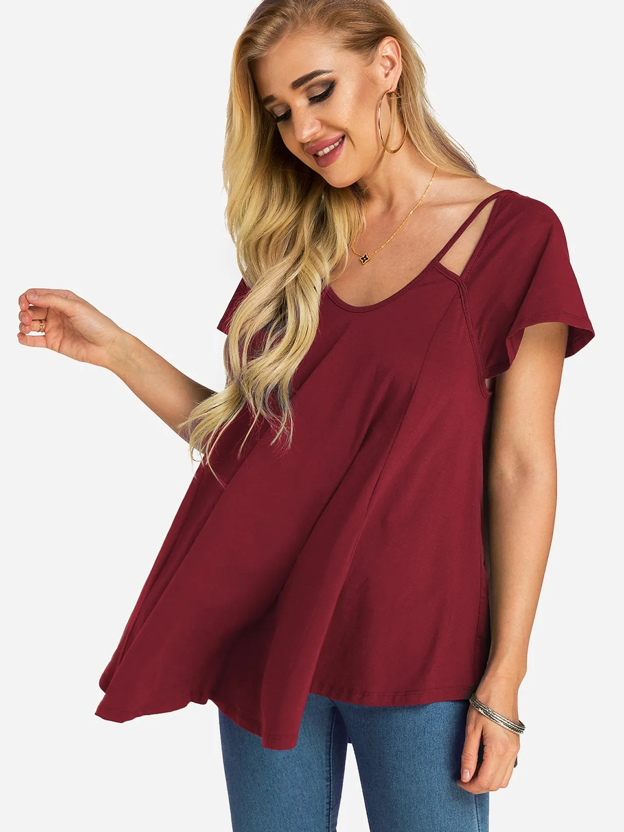 Custom Round Neck Plain Cut Out Short Sleeve Top