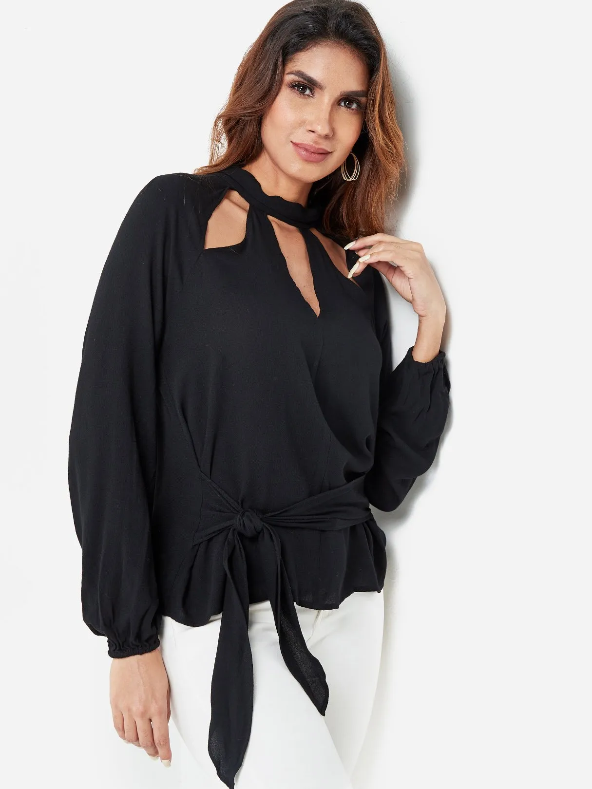 Custom Round Neck Plain Hollow Cut Out Tie-Up Long Sleeve Black Top