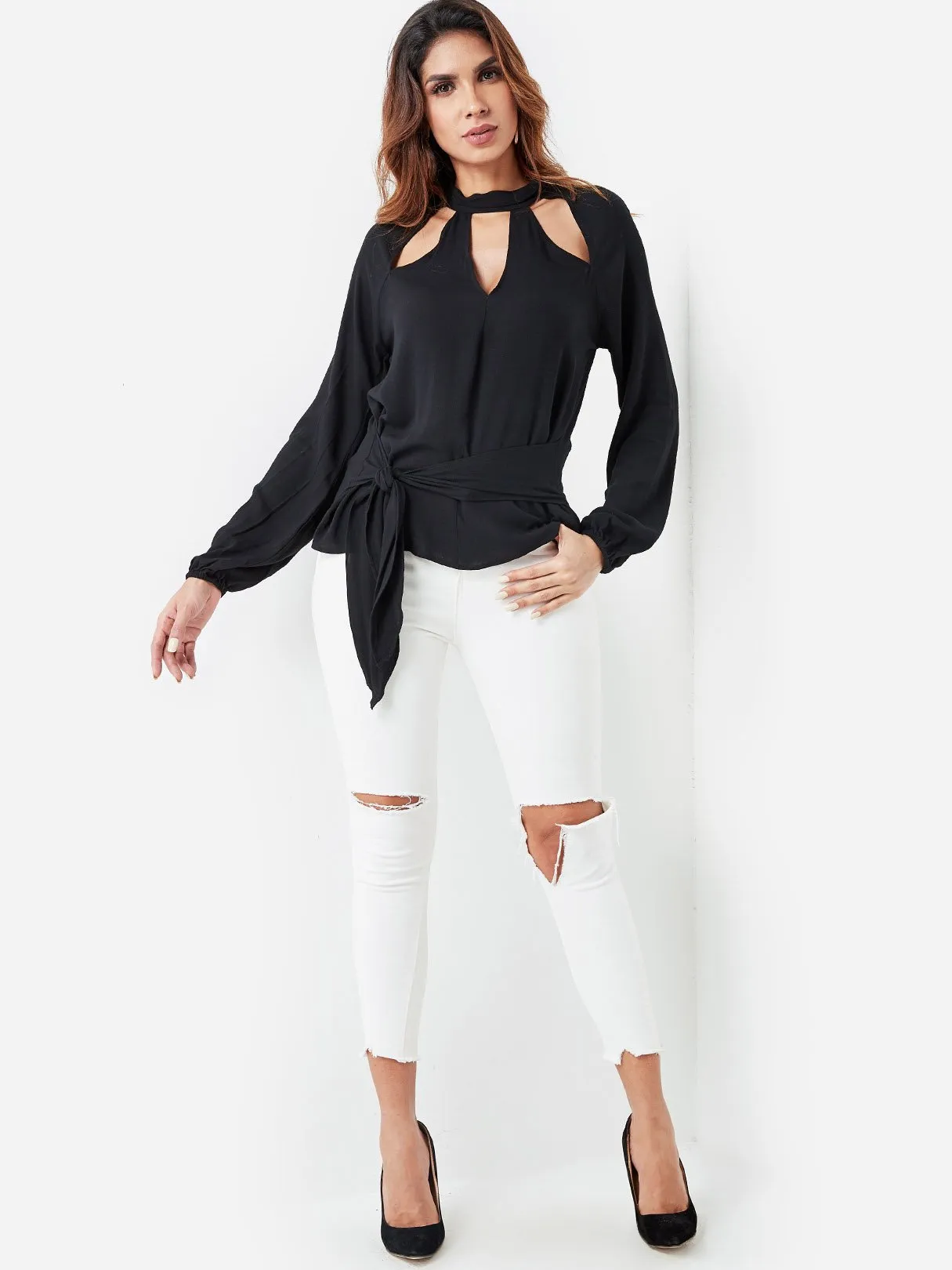 Custom Round Neck Plain Hollow Cut Out Tie-Up Long Sleeve Black Top