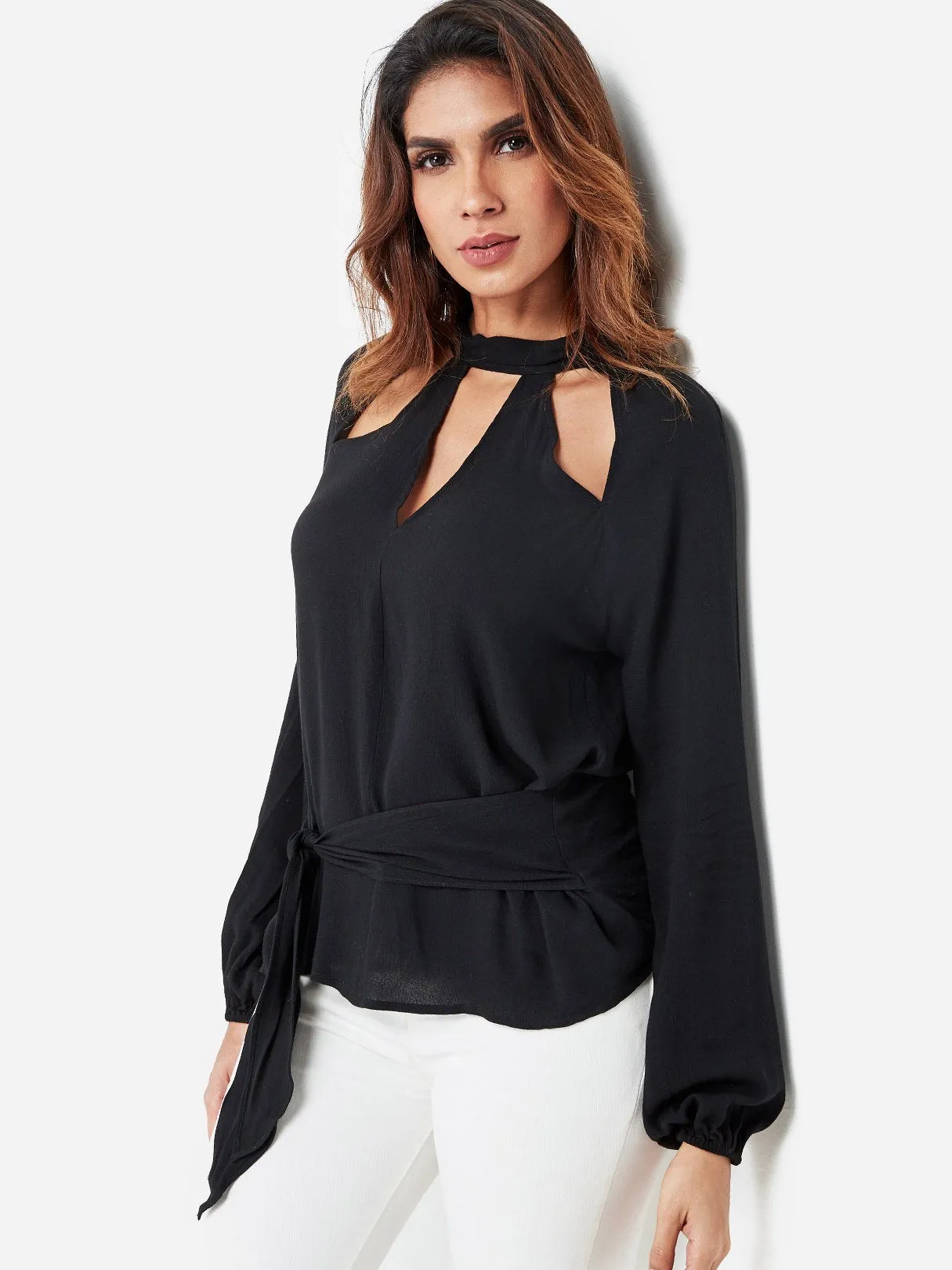 Custom Round Neck Plain Hollow Cut Out Tie-Up Long Sleeve Black Top