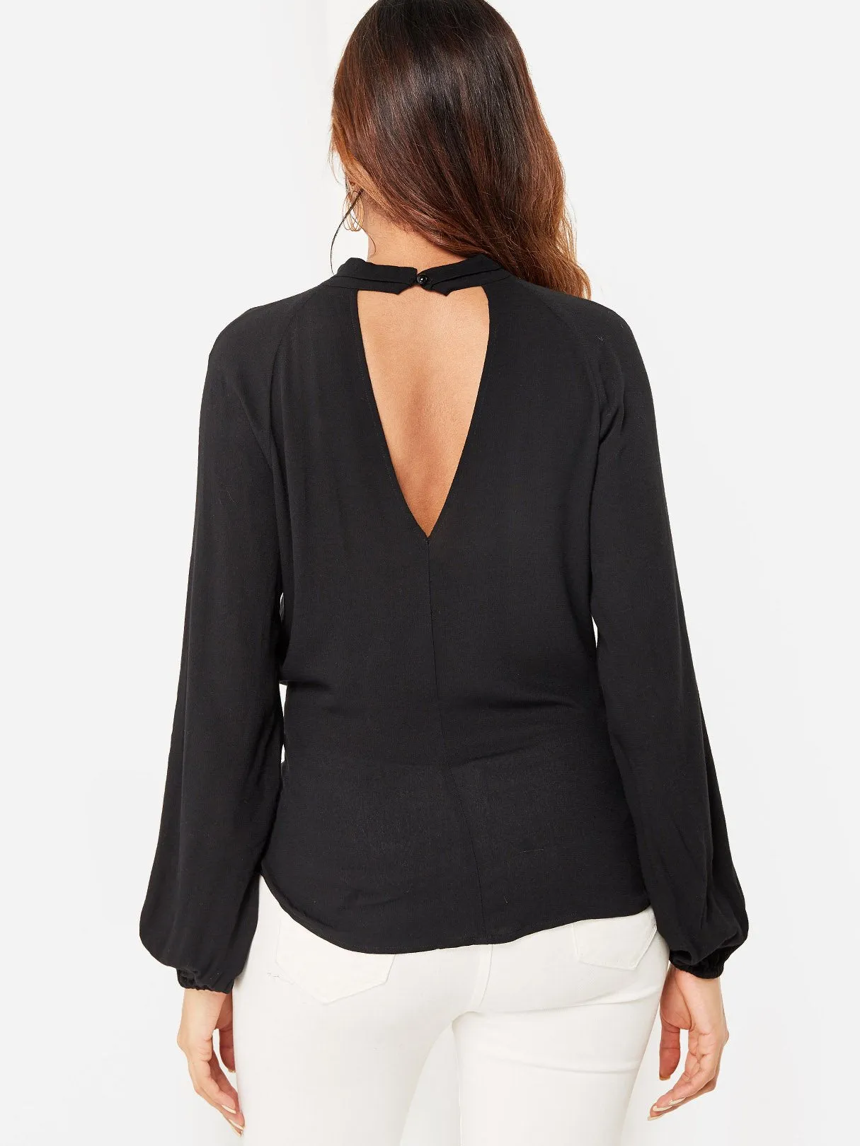 Custom Round Neck Plain Hollow Cut Out Tie-Up Long Sleeve Black Top