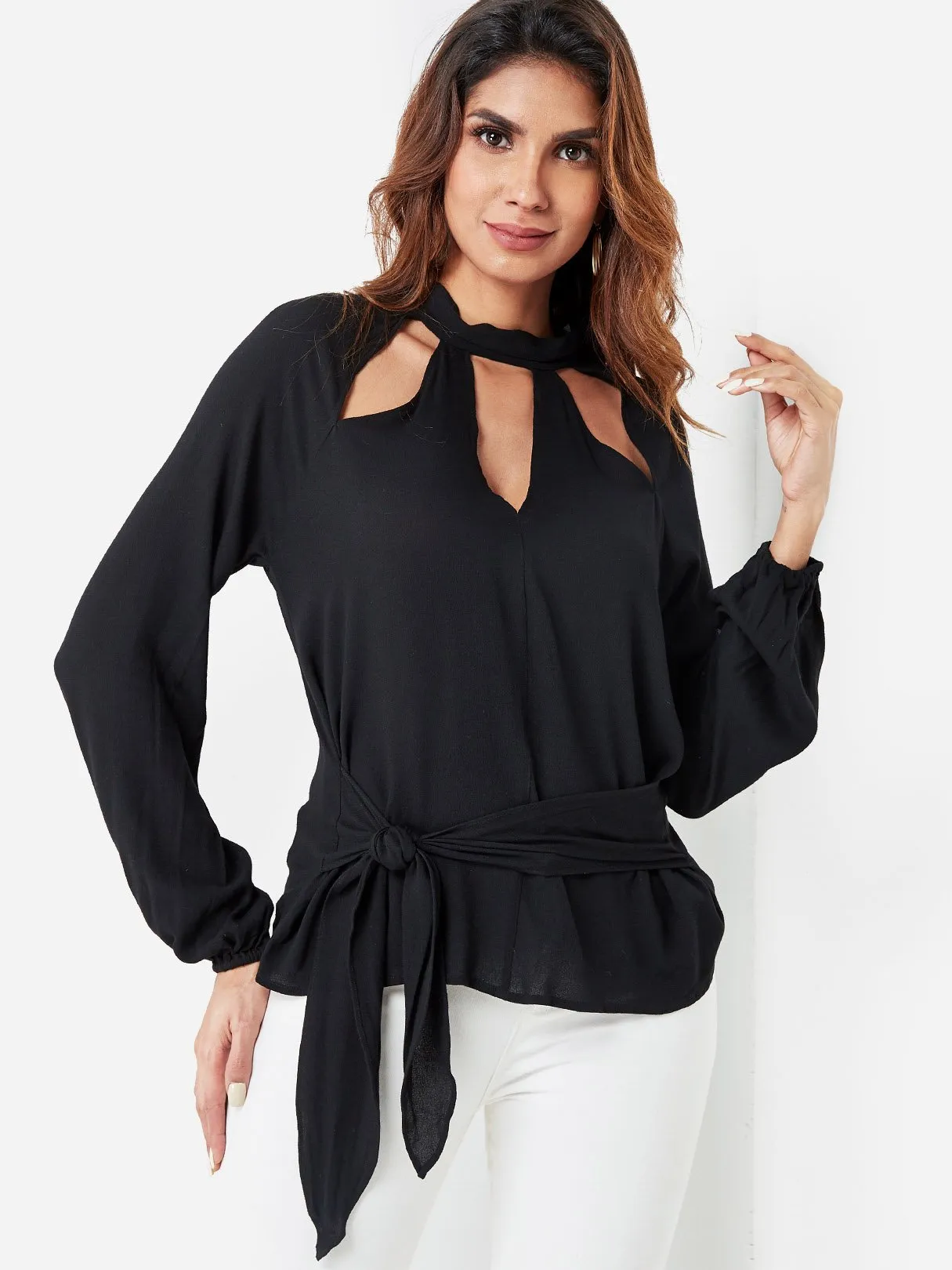 Custom Round Neck Plain Hollow Cut Out Tie-Up Long Sleeve Black Top