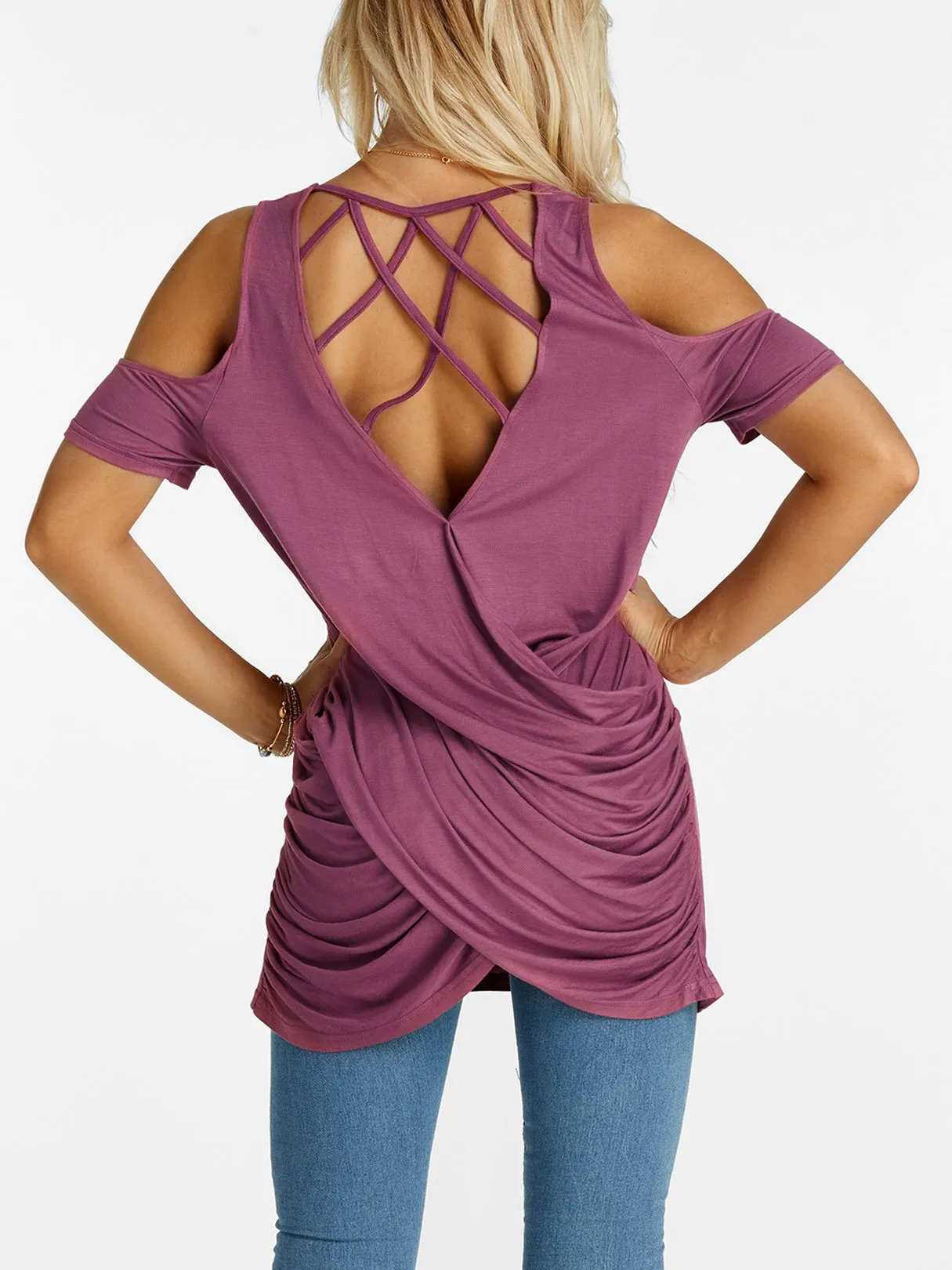 Custom Scoop Neck Cold Shoulder Plain Crossed Front Lace-Up Cut Out Pleated Short Sleeve Slit Hem Purple T-Shirts