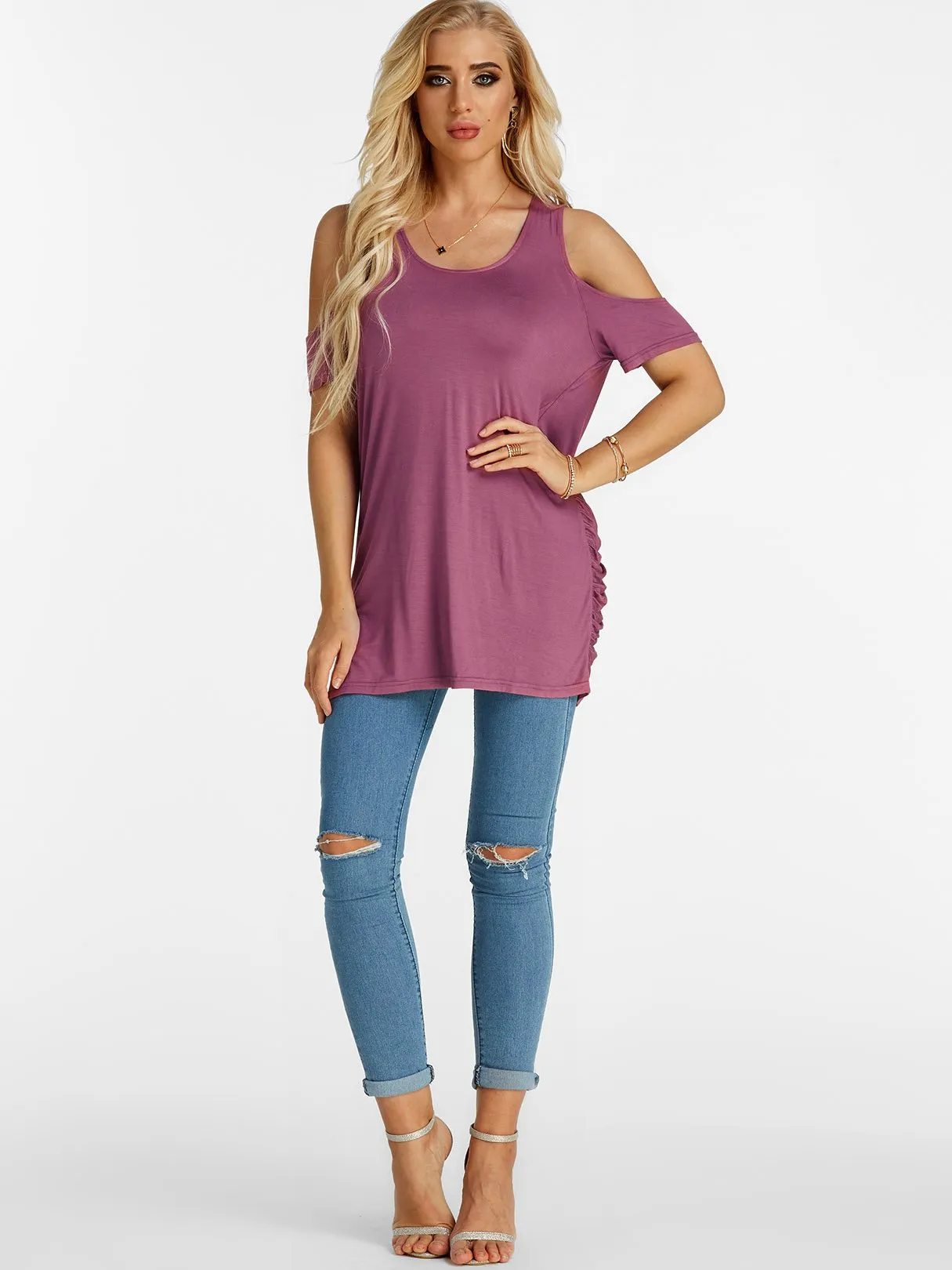 Custom Scoop Neck Cold Shoulder Plain Crossed Front Lace-Up Cut Out Pleated Short Sleeve Slit Hem Purple T-Shirts